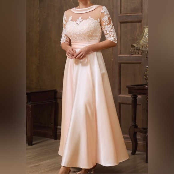 Mother of the bride satin lace appliqué 1/2 sleeve ankle tea length Dusty Rose - Picture 1 of 8